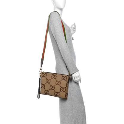 Gucci Monogram Jumbo GG Textured Dollar Calfskin Web Wristlet Messenger Bag Camel Ebony New Acero 2 of 11