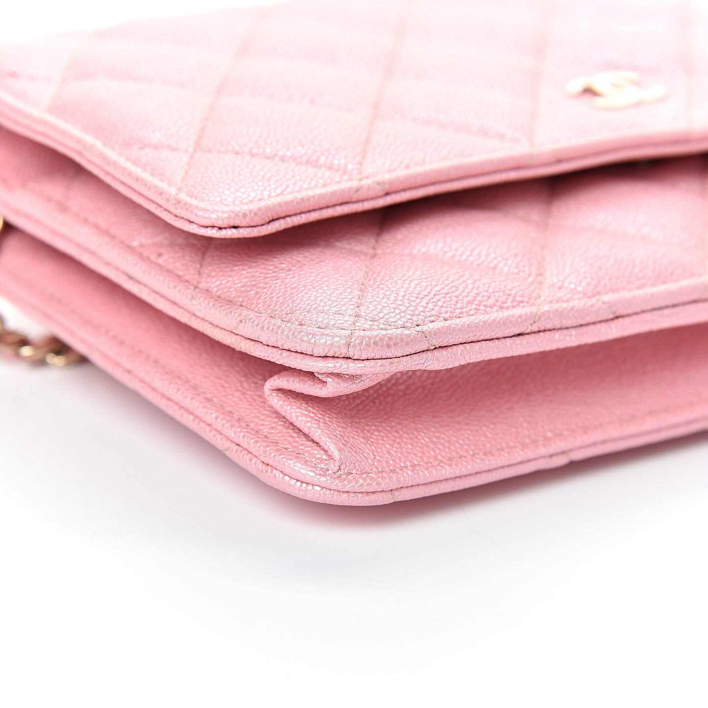 Iridescent Caviar Quilted Wallet on Chain WOC Rose Pink