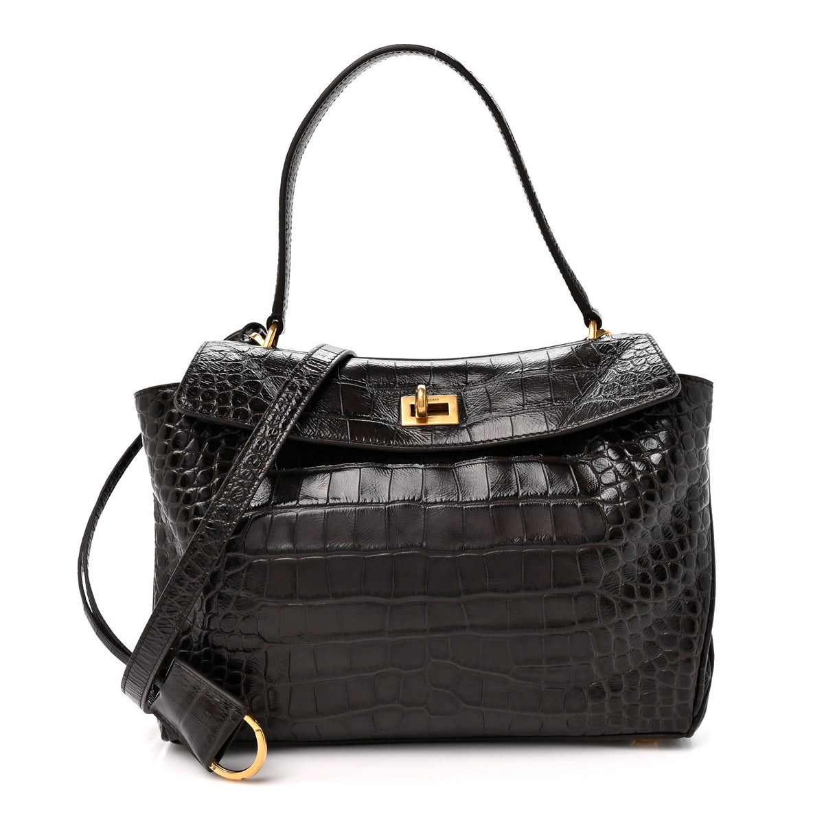 Balenciaga Shiny Calfskin Crocodile Embossed Small Rodeo Top Handle Handbag Espresso 1 of 9