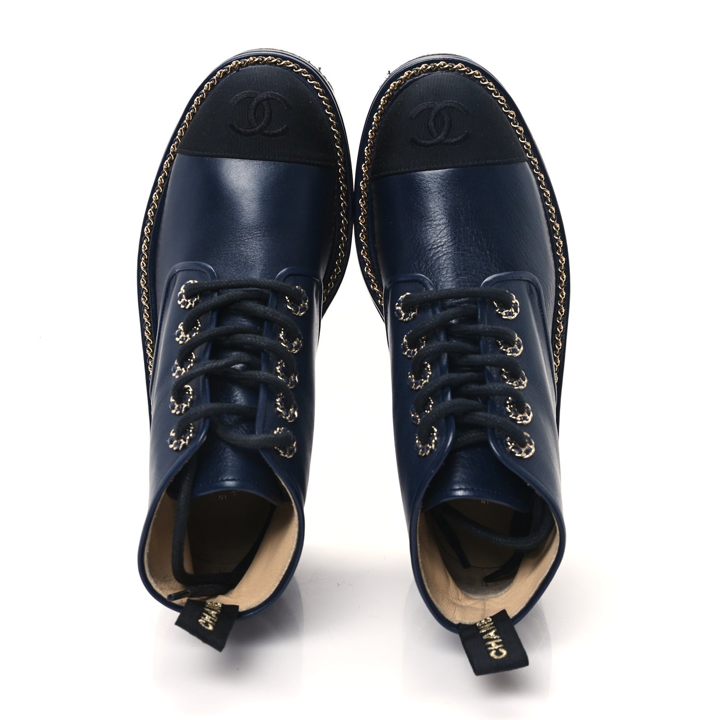 Calfskin Grosgrain Chain Lace Up CC Short Boots 36 Navy Black