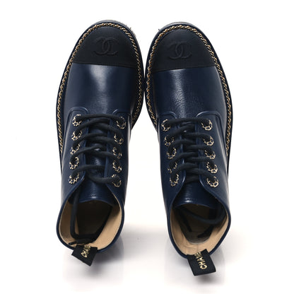 Chanel Calfskin Grosgrain Chain Lace Up CC Short Boots 36 Navy Black 2 of 9