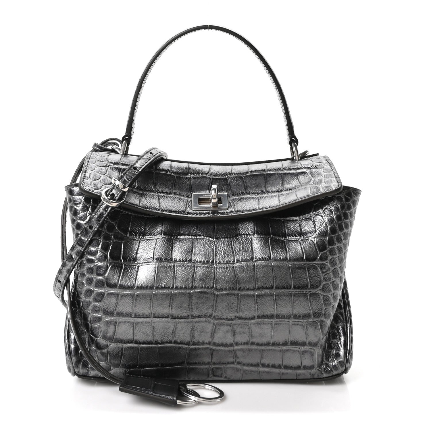 Balenciaga Metallized Calfskin Crocodile Embossed Mini Rodeo Top Handle Handbag Gunmetal 1 of 10