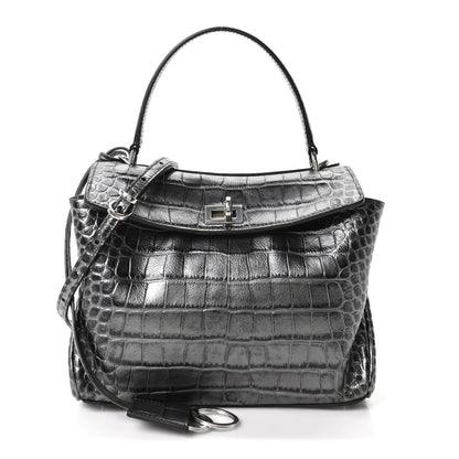 Balenciaga Metallized Calfskin Crocodile Embossed Mini Rodeo Top Handle Handbag Gunmetal 1 of 10