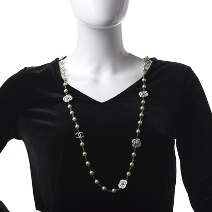 Chanel Pearl Resin Camellia CC Long Necklace Gold Pearly White 2 of 4