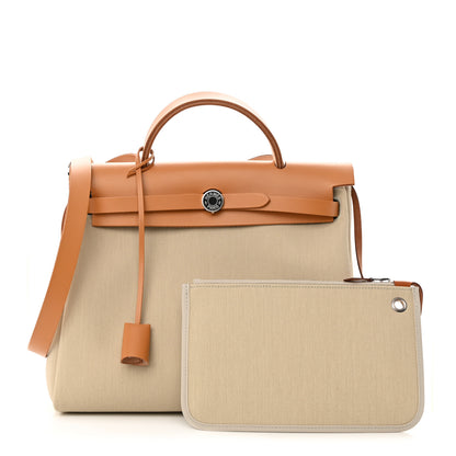 Hermes Military Toile Vache Hunter Horseshoe Herbag Zip Retourne 31 PM Beton Naturel 1 of 13