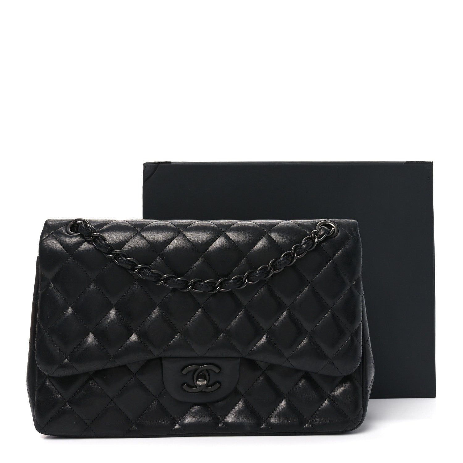 CHANEL ブラック レザー ハンドバッグ Chanel Lambskin Quilted Jumbo Double Flap So Black 1761233