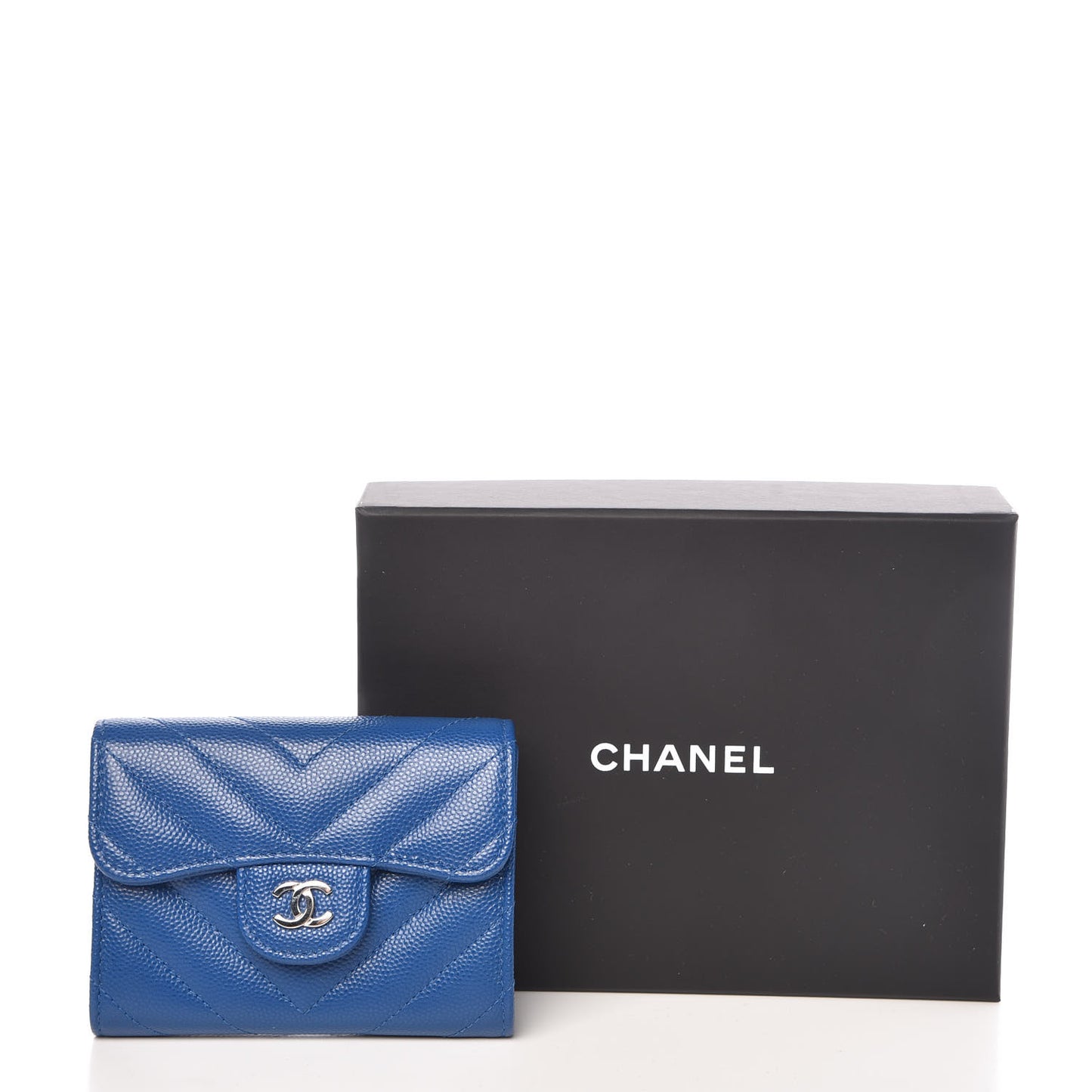 Caviar Chevron Quilted Card Holder Wallet Bright Blue