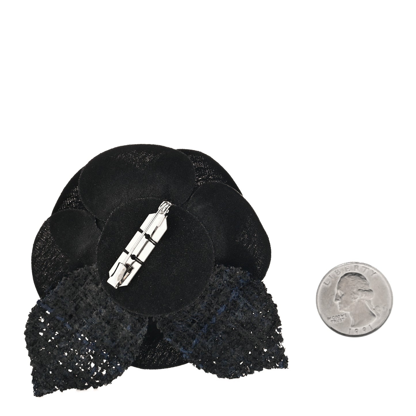 Tweed Fabric Camellia Pin Brooch Black
