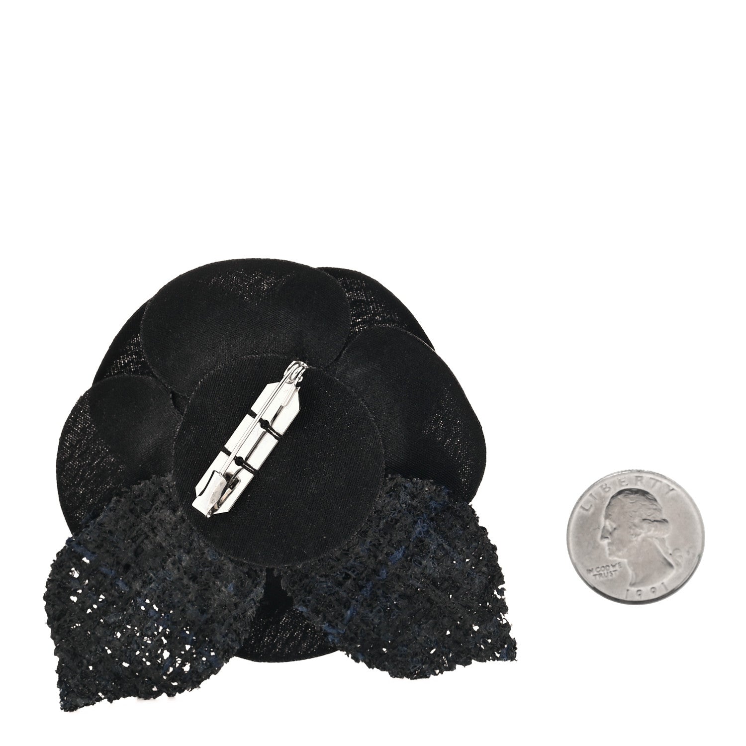 Chanel Tweed Fabric Camellia Pin Brooch Black 2 of 3