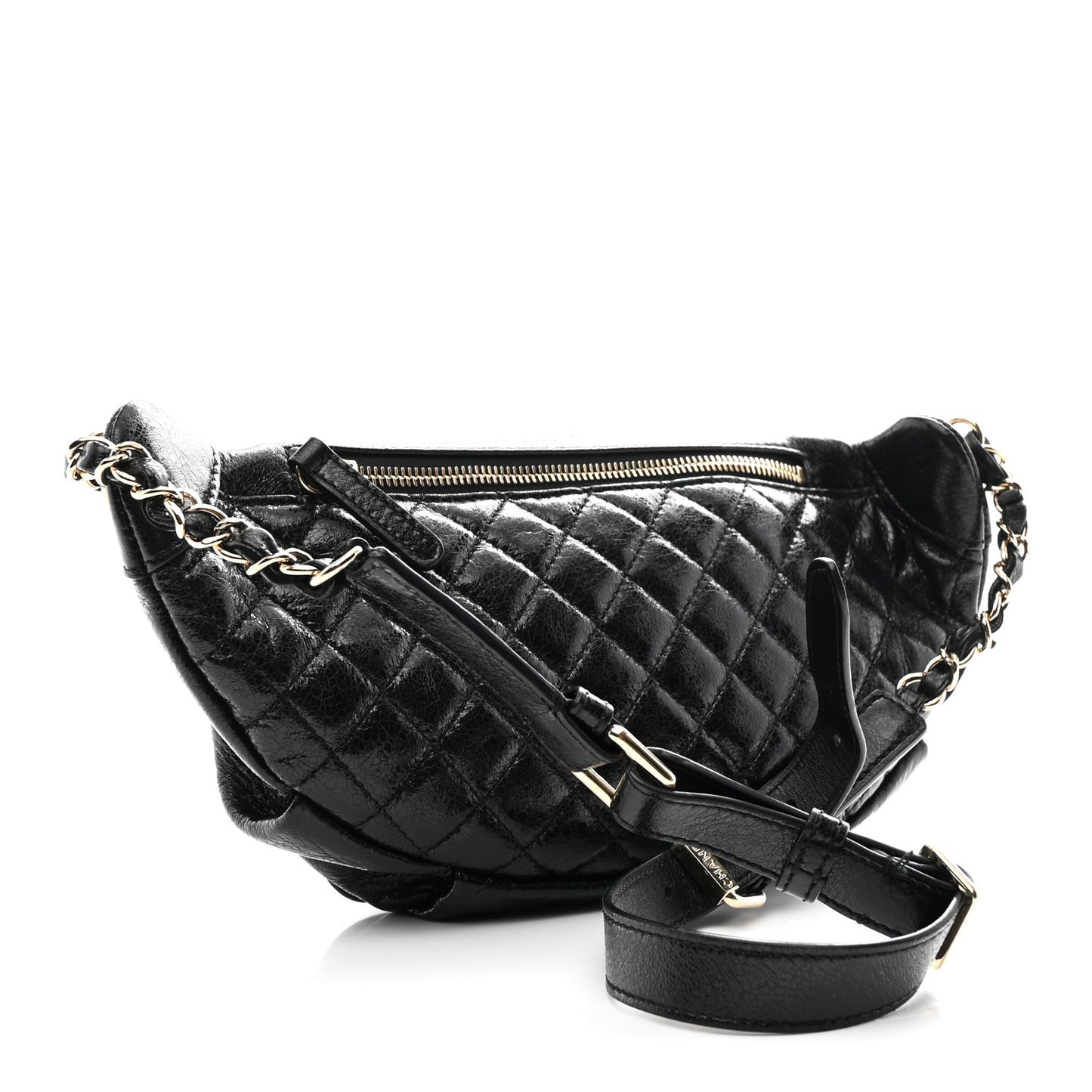 Crumpled Glazed Lambskin Quilted Waist Bag Fanny Pack Black