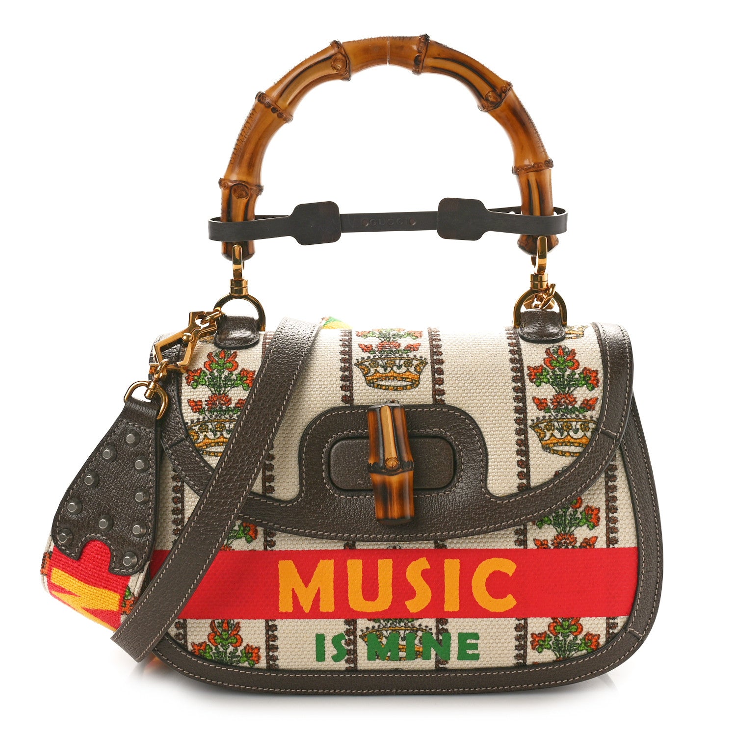 Gucci Canvas Calfskin 100 Centennial Music Medium Bamboo 1947 Top Handle Bag Multicolor 1 of 11