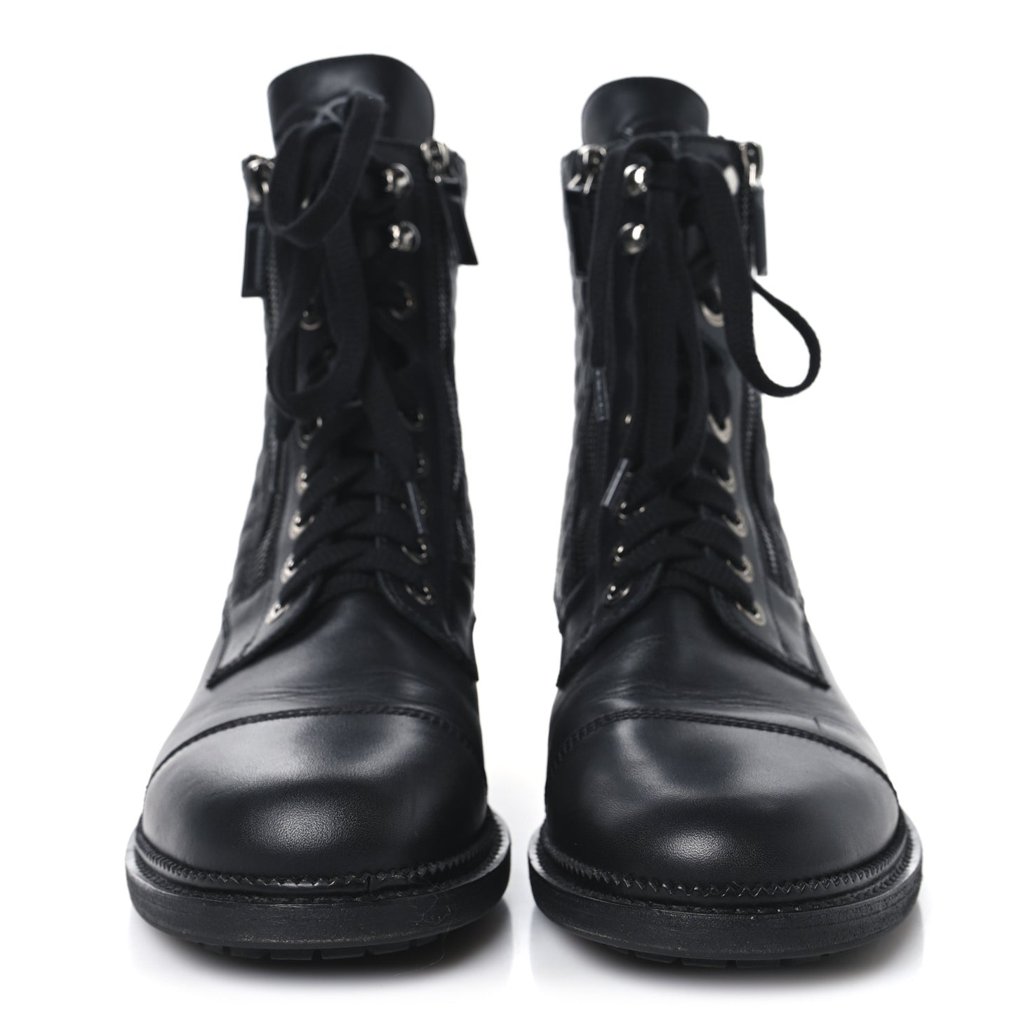 Calfskin Quilted Lace Up Combat Boots 40 Black