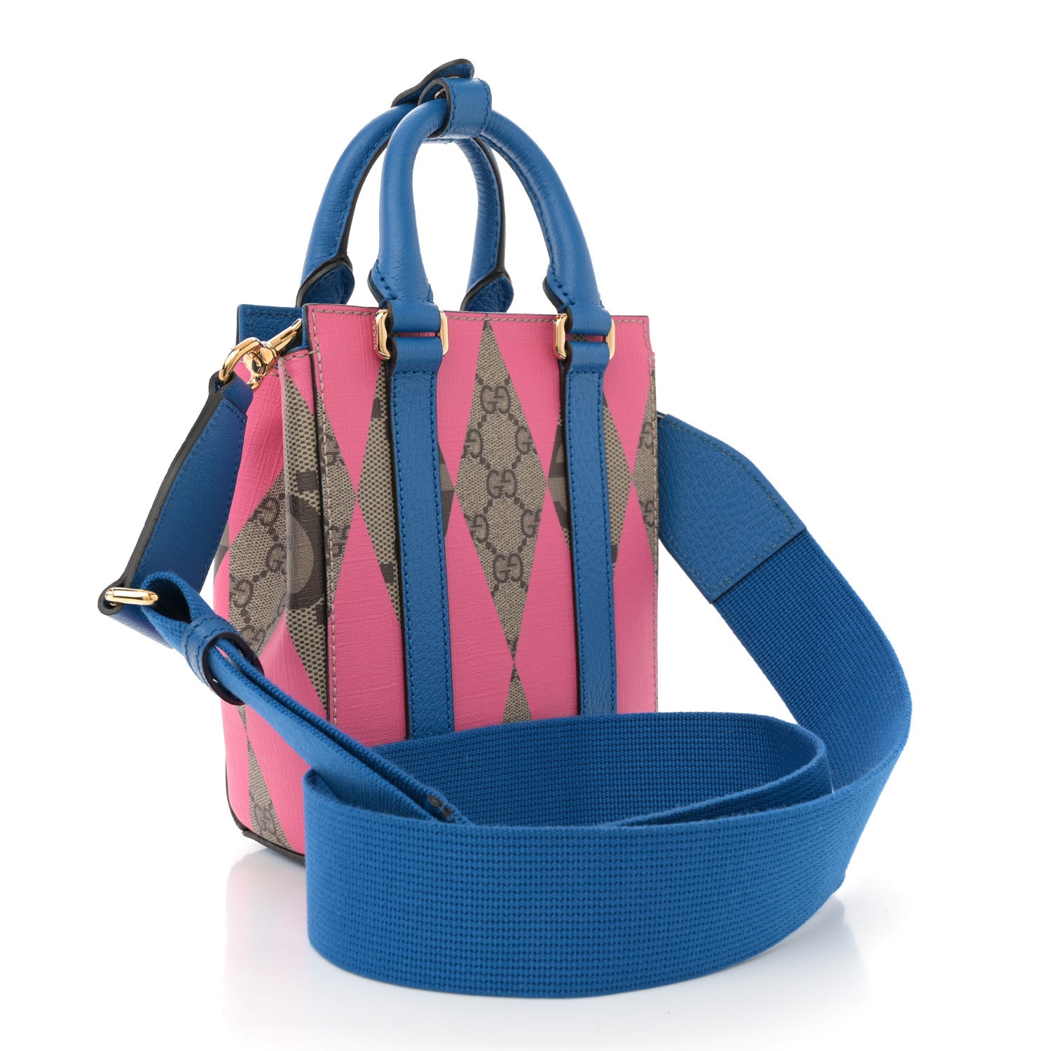 Gucci GG Supreme Monogram Textured Dollar Calfskin Rhombus Mini Tote Bag Beige Ebony Pink Blue 3 of 10