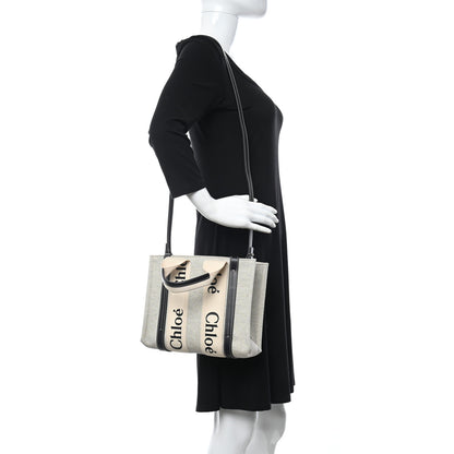 Chloe Cotton Calfskin Small Woody Ribbon Tote With Strap White Navy 2 of 11