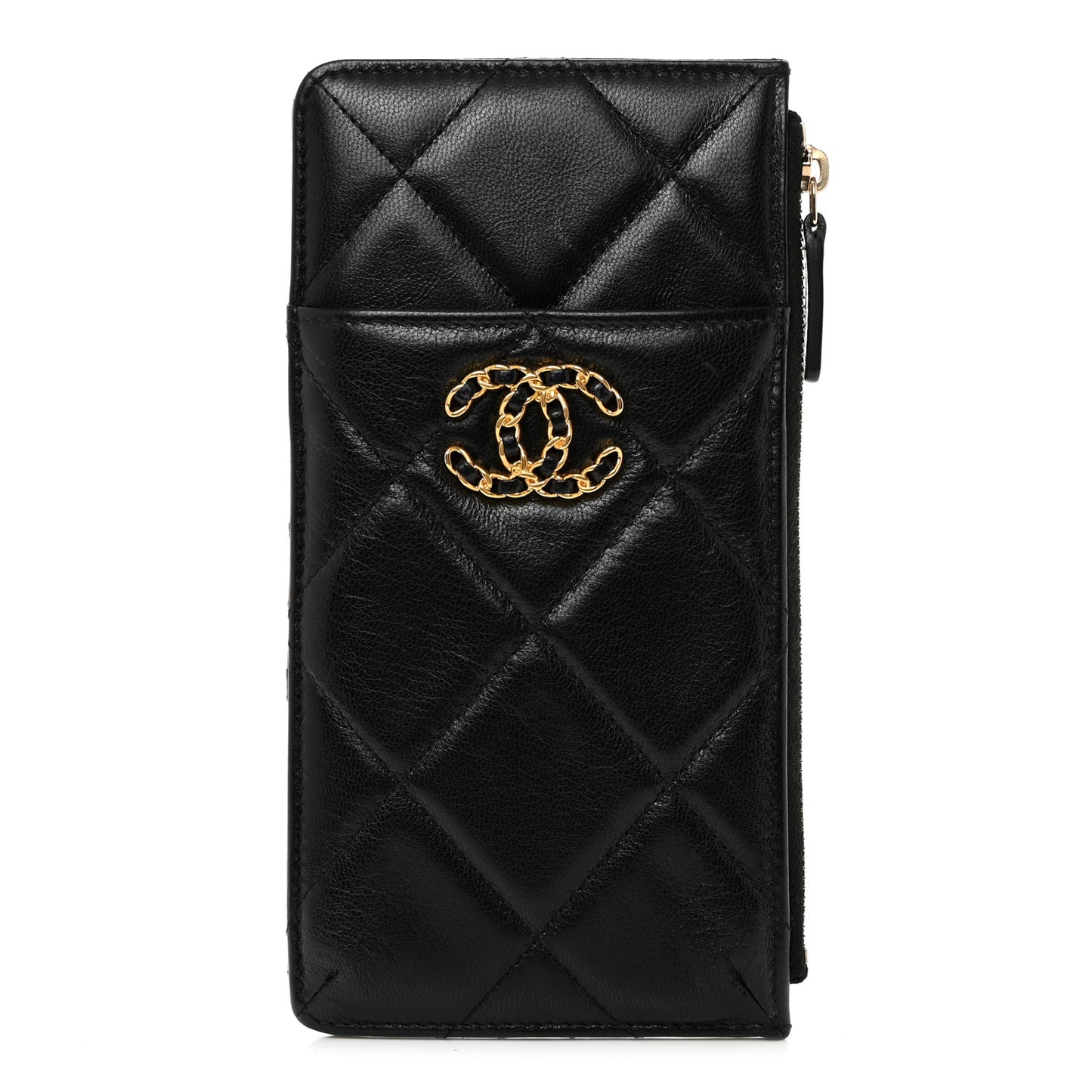 Goatskin Quilted Chanel 19 Flat Wallet Pouch Black