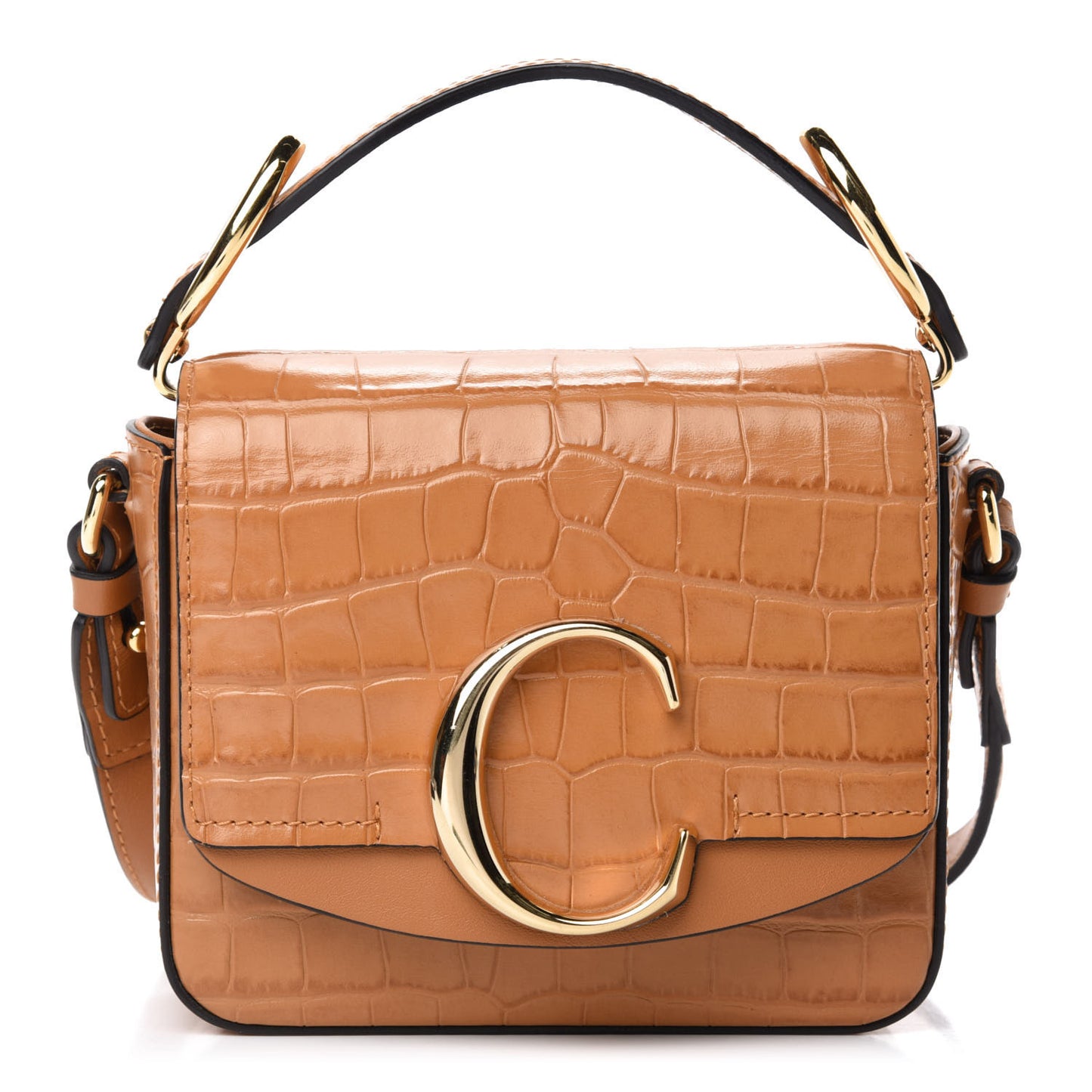 Calfskin Crocodile Embossed Mini C Double Carry Autumnal Brown