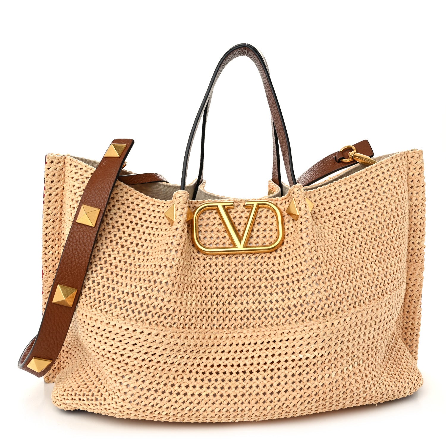 Valentino Garavani Raffia Grained Calfskin Medium Rockstud Vlogo Tote Naturale 1 of 11