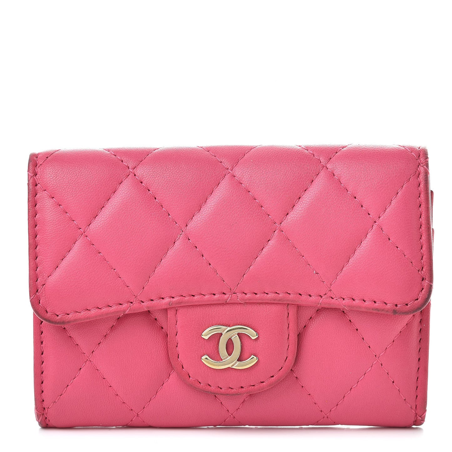 Lambskin Quilted Flap Card Holder Dark Pink