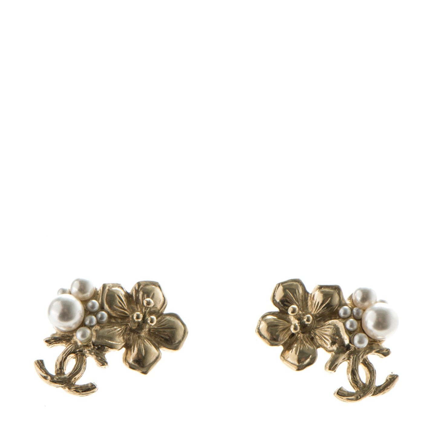Pearl CC Flower Earrings Gold
