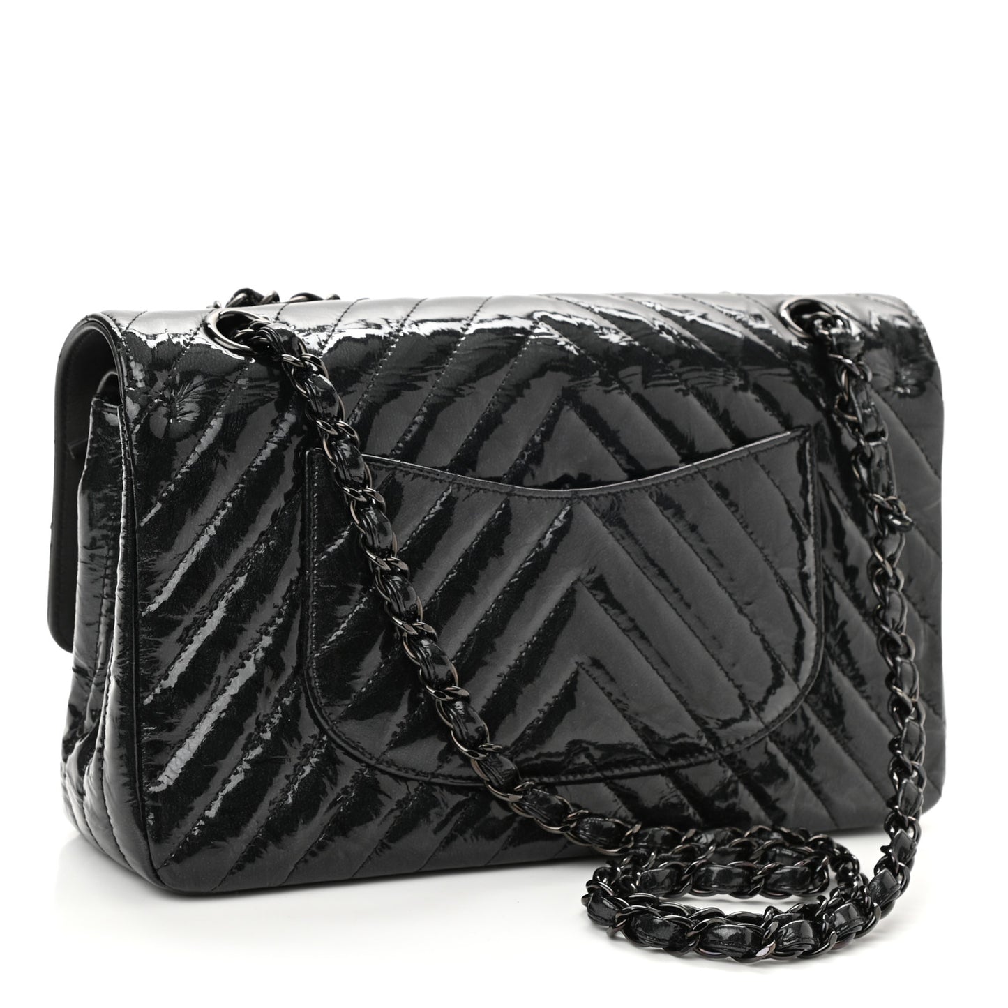 Metallic Patent Crumpled Calfskin Chevron Quilted Medium Double Flap So Black