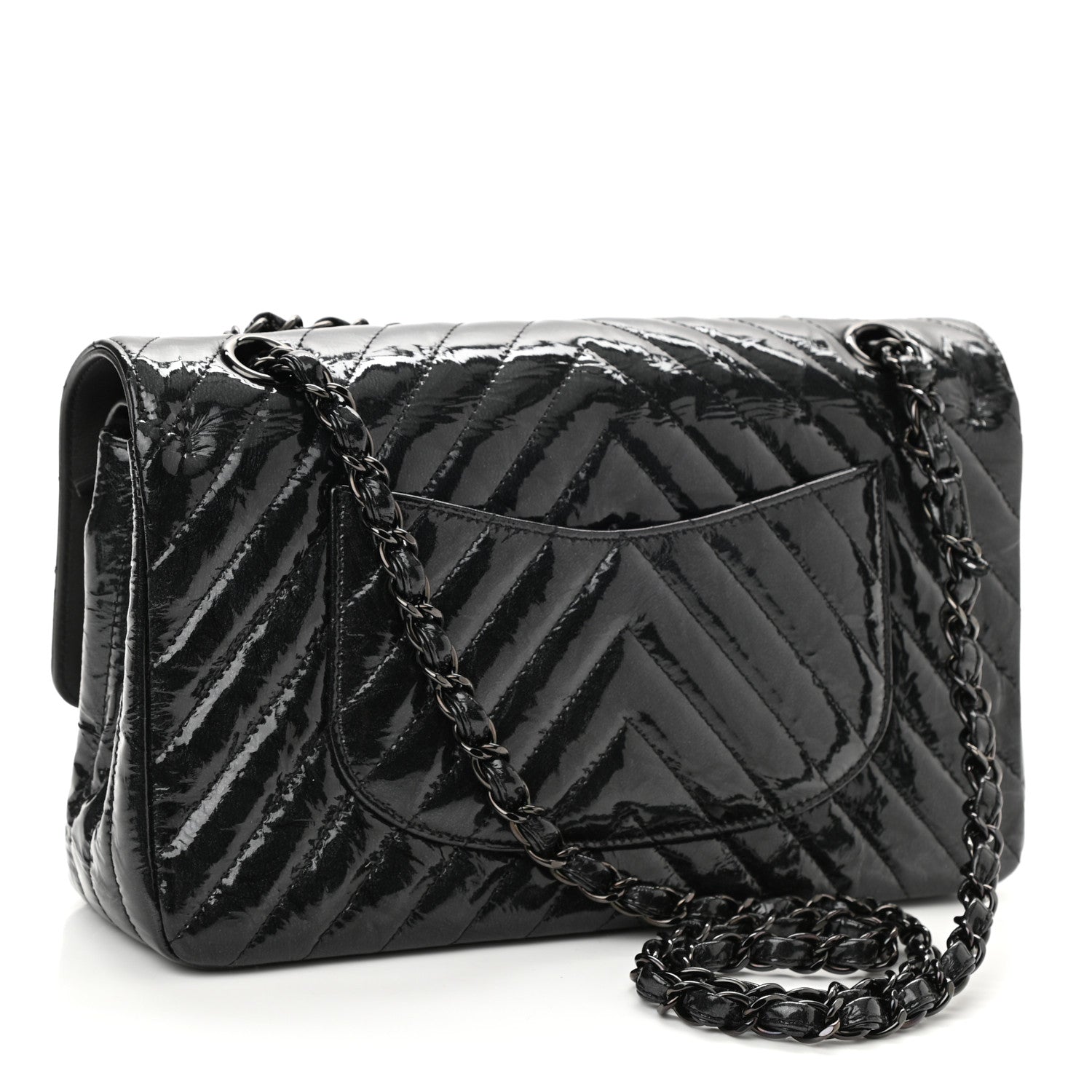 Chanel Metallic Patent Crumpled Calfskin Chevron Quilted Medium Double Flap So Black 3 of 11