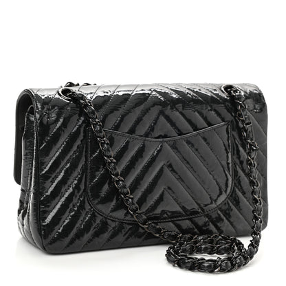 Chanel Metallic Patent Crumpled Calfskin Chevron Quilted Medium Double Flap So Black 3 of 11