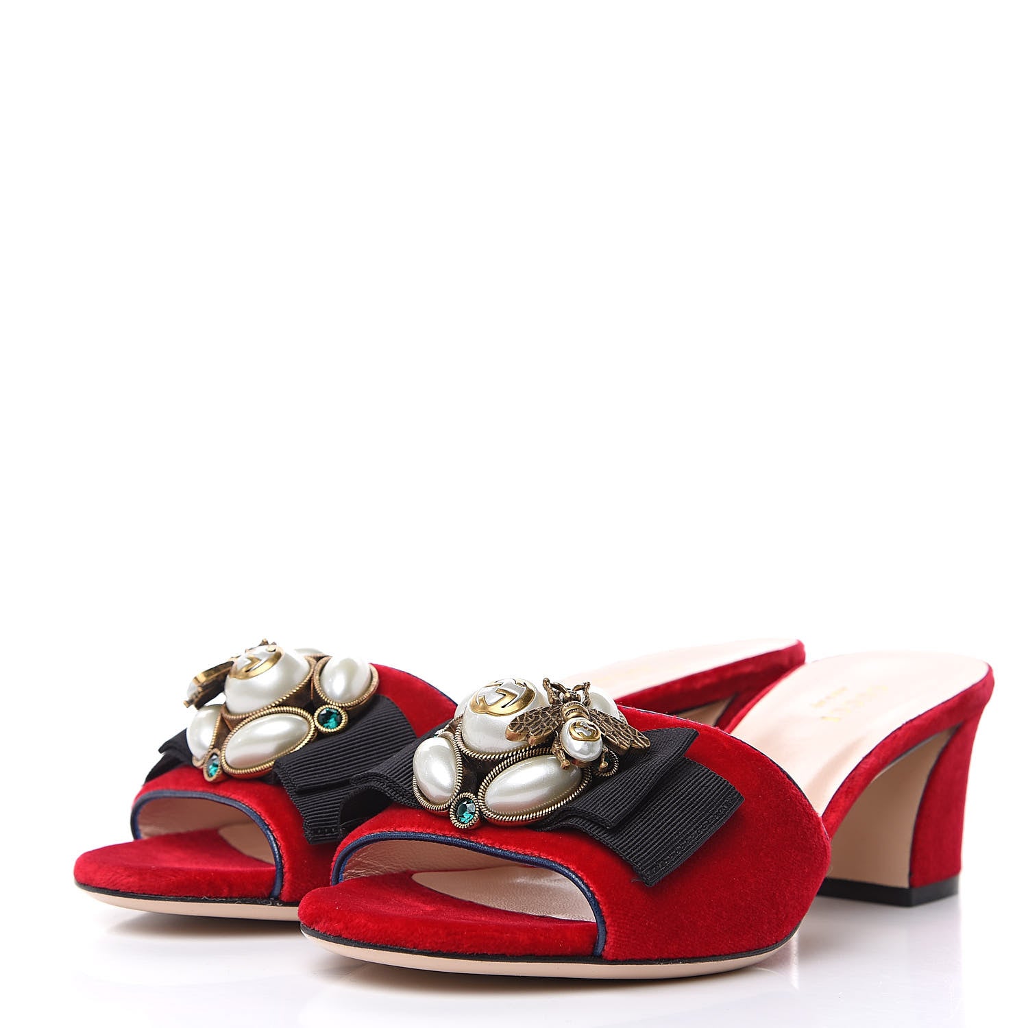 Gucci Velvet Etoile Pearl Embellished Mid Heel Slide Sandals 35 Black Hibiscus Red Blue Agata 4 of 9