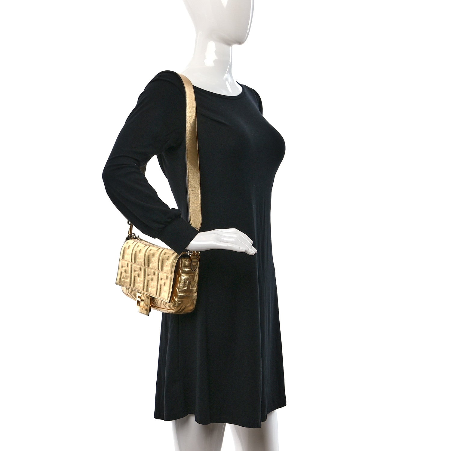 Fendi Vitello Catalan Mirror FF 1974 Embossed Baguette Gold 2 of 11