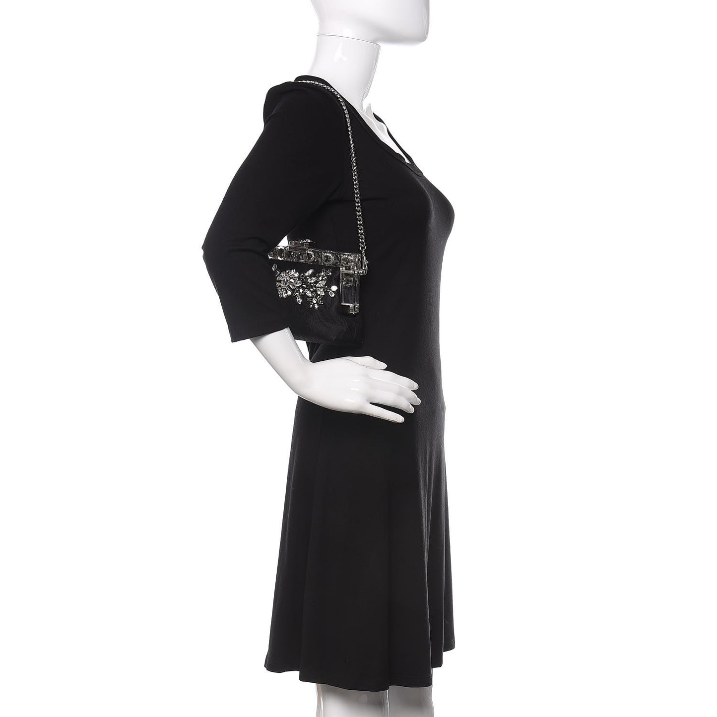 Satin Lace Crystal Embellished Plexis Glass Chain Clutch Black