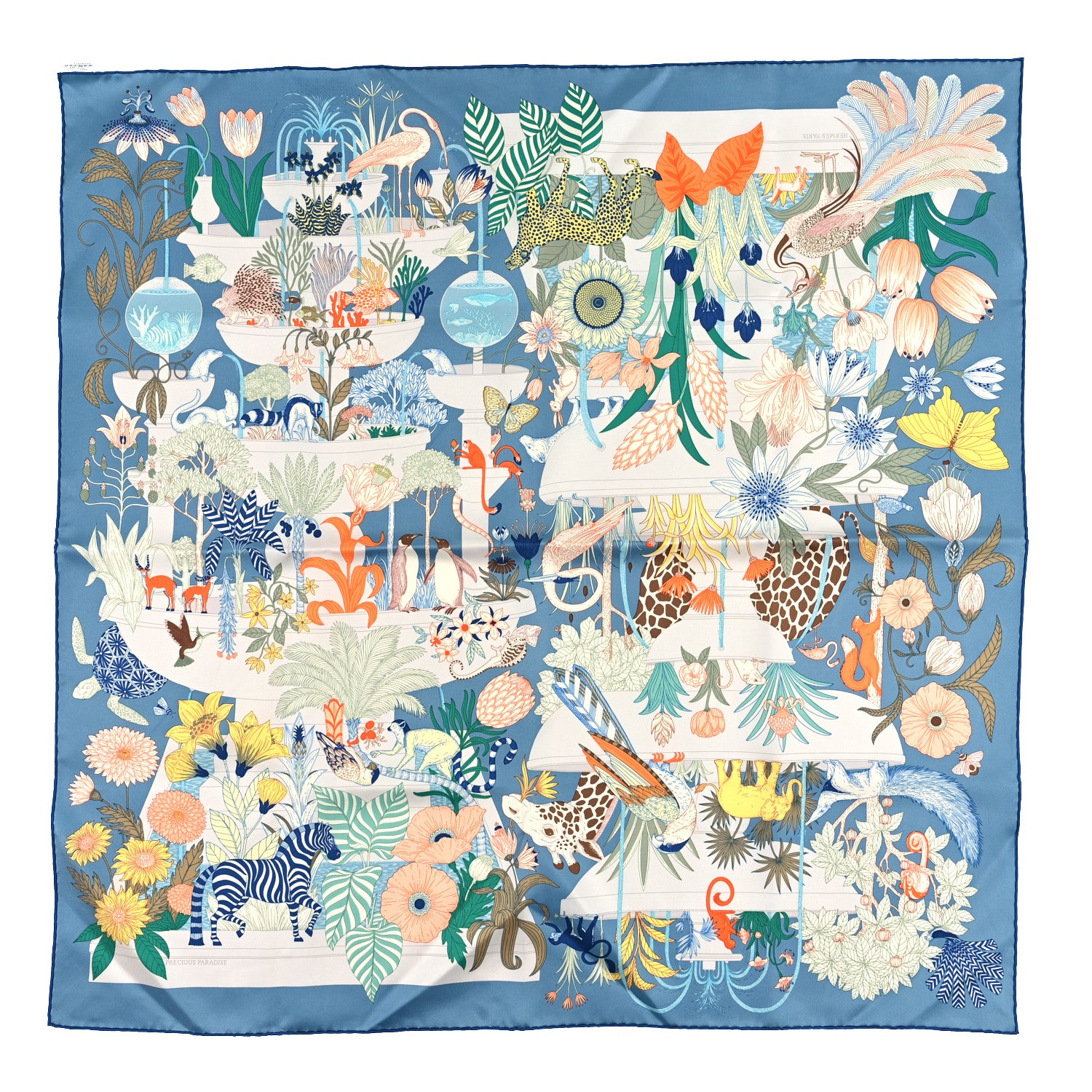 Hermes Silk Precious Paradis Scarf 90 Bleu Jean Vert Orange 1 of 3