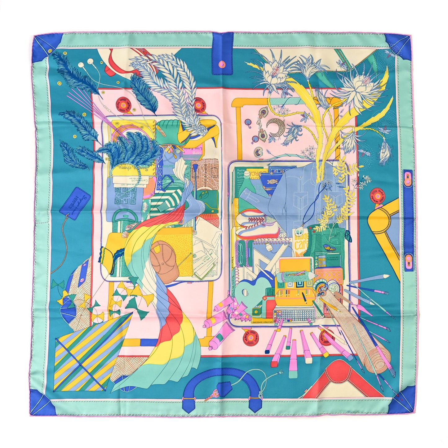 Silk Bagage a Main Scarf 90  Turquoise Rose Pale Jaune