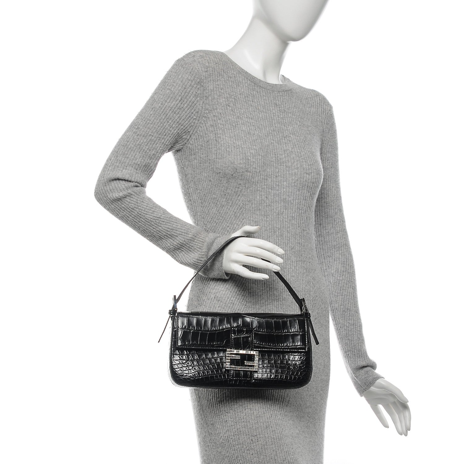 Fendi Calfskin Crocodile Embossed Crystal Baguette Black 2 of 6