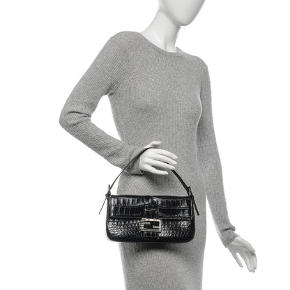 Fendi Calfskin Crocodile Embossed Crystal Baguette Black 2 of 6