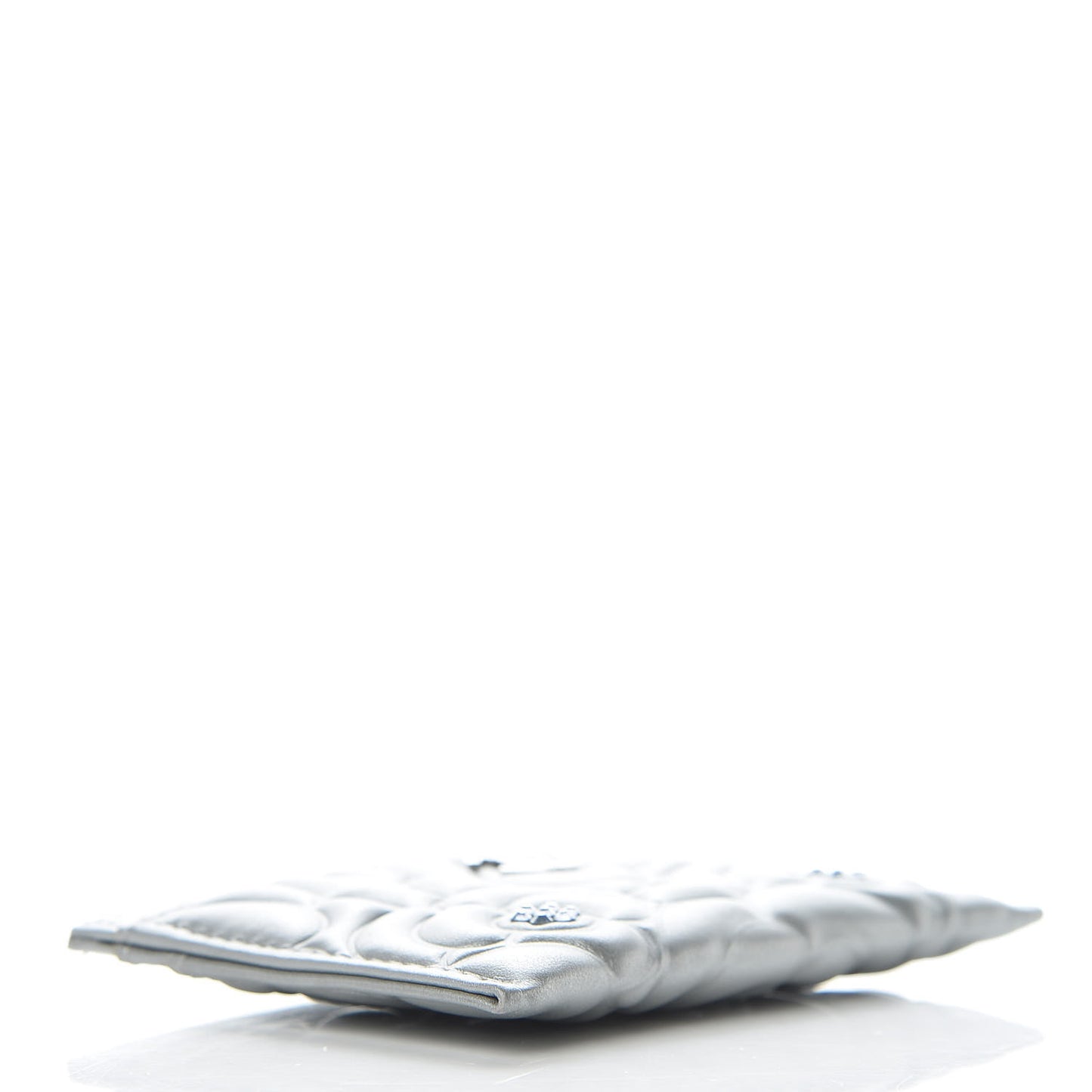Metallic Lambskin Crystal Camellia Embossed Card Holder Silver