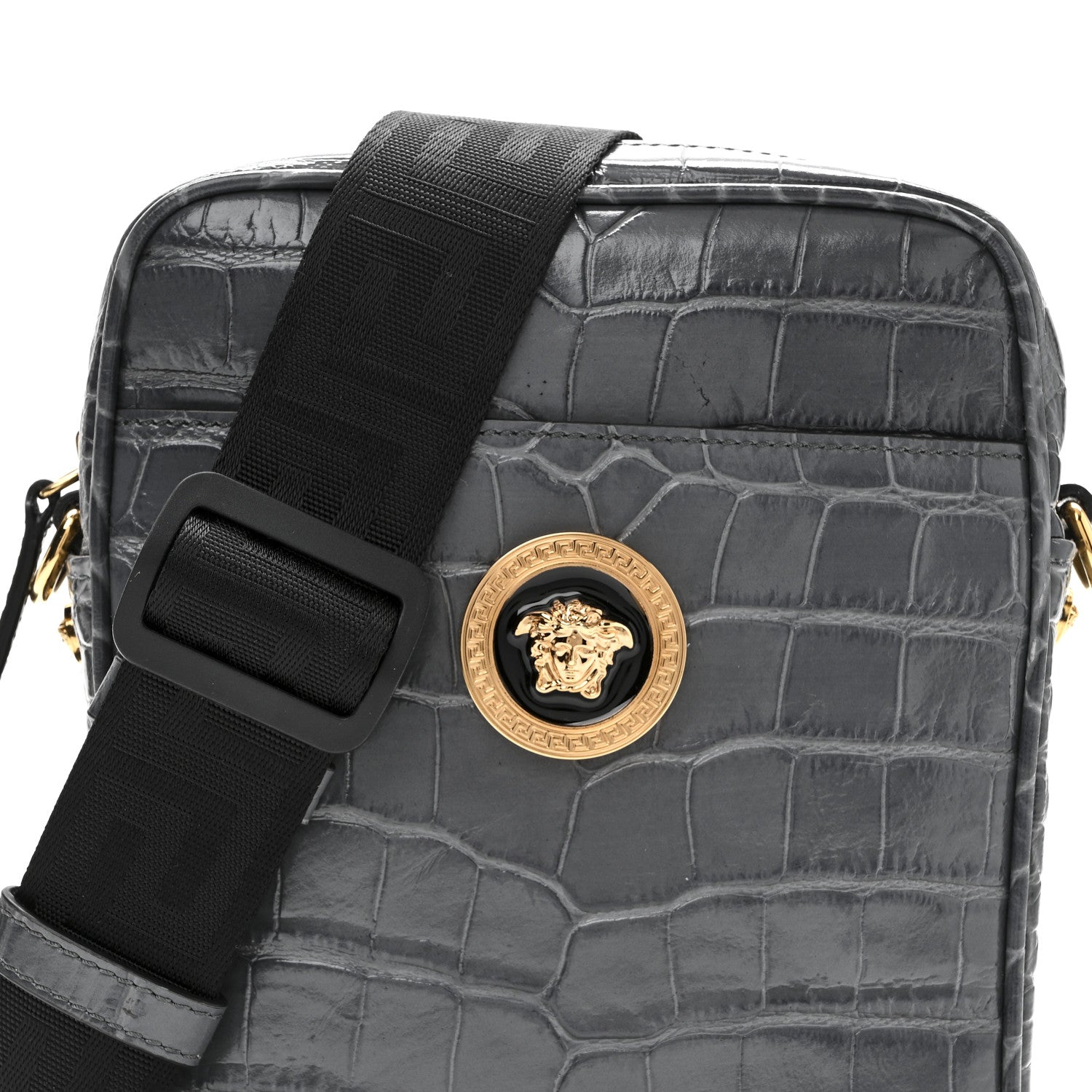 Versace Calfskin Crocodile Embossed Medusa Messenger Bag Grey 7 of 9