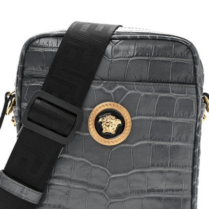 Versace Calfskin Crocodile Embossed Medusa Messenger Bag Grey 7 of 9