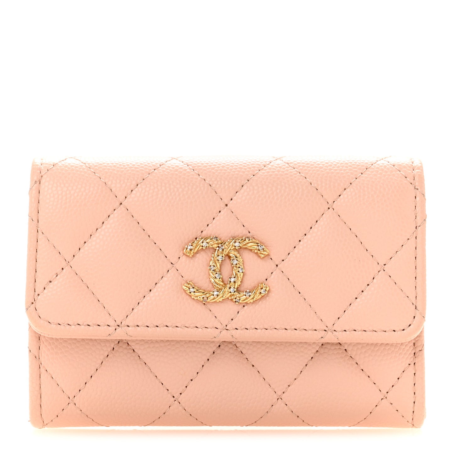 Caviar Quilted Crystal CC Flap Card Holder Pink