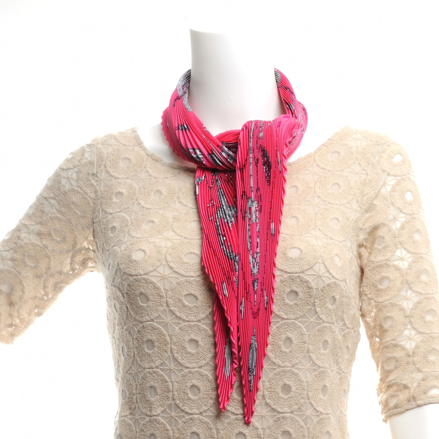 Silk Plisse Keys Les Cles Scarf 90 Rose Vif Fuchsia Gris