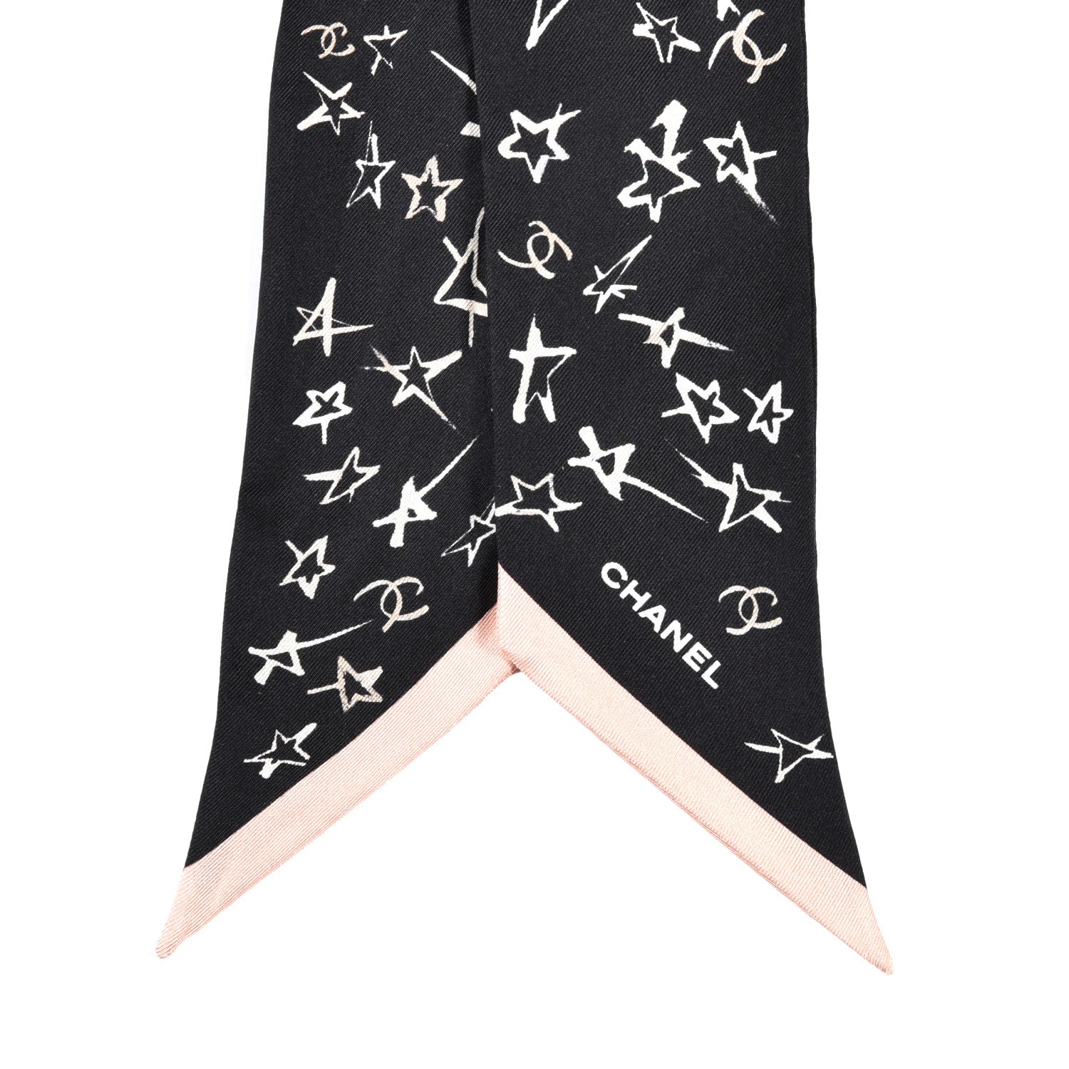 Chanel Silk Stars CC Slim Bandeau Scarf Black Ecru Light Pink 2 of 4