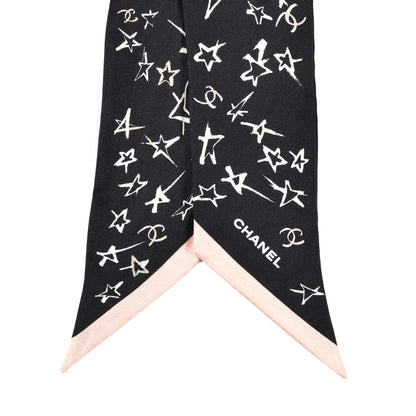 Chanel Silk Stars CC Slim Bandeau Scarf Black Ecru Light Pink 2 of 4