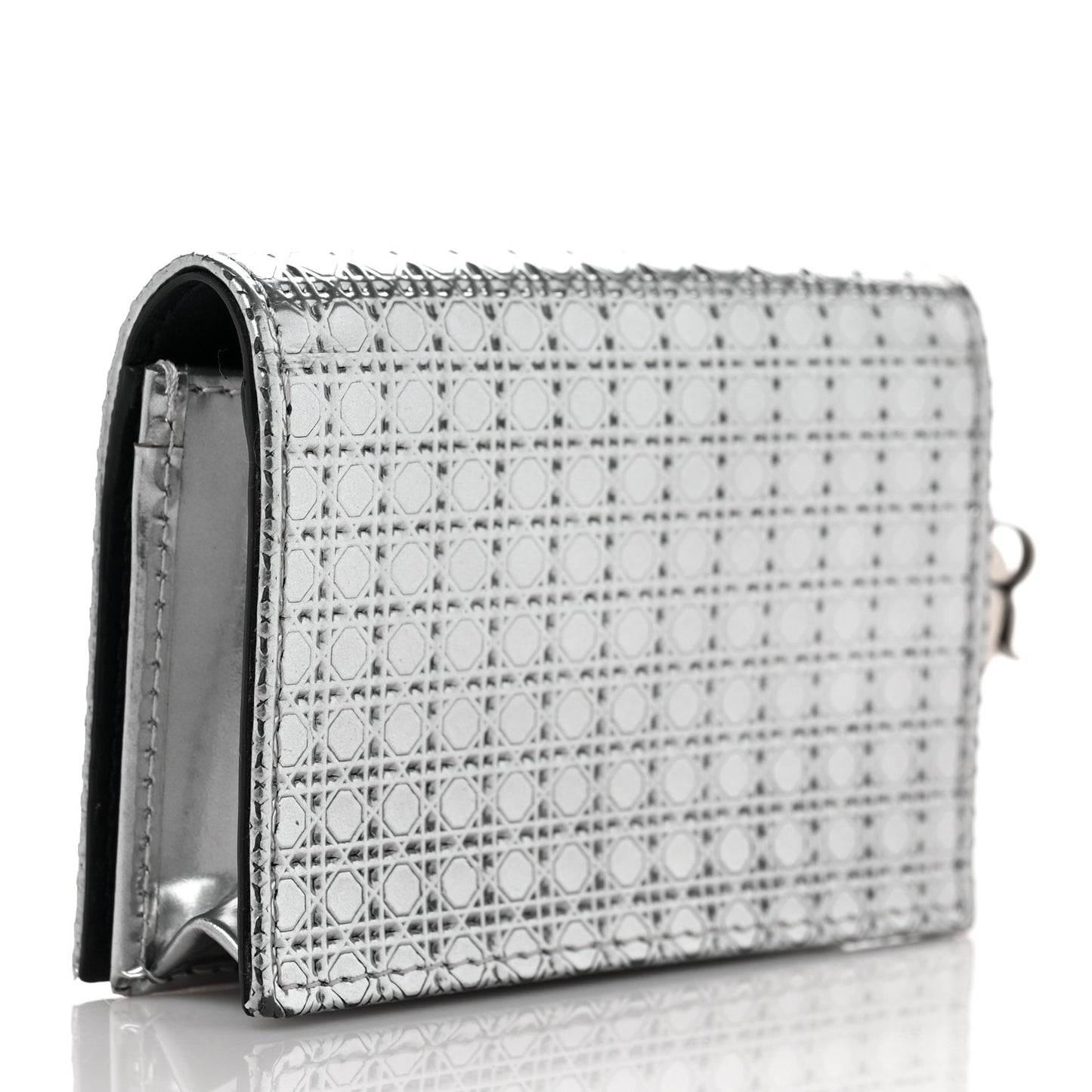 Metallic Patent Micro-Cannage Lady Dior Card Holder Silver