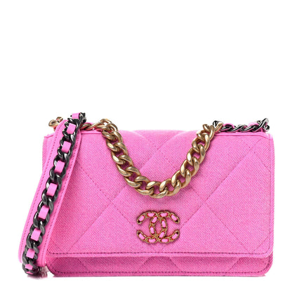 Chanel Denim Quilted Chanel 19 Wallet On Chain WOC Neon Pink 1 of 4