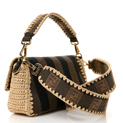 Fendi Fabric Jacquard Raffia Straw Pequin Gingham Woven Baguette Beige Black Natural 3 of 10