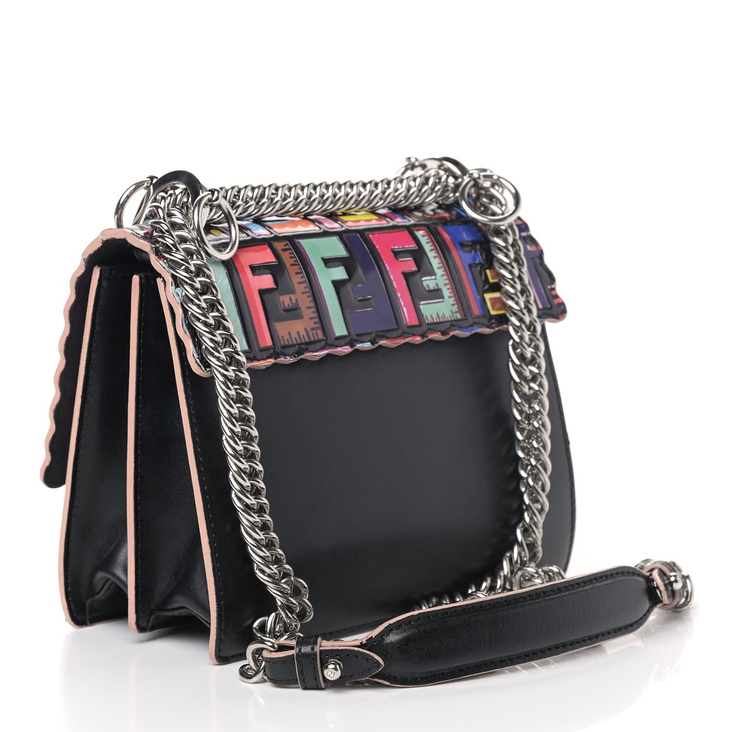 Fendi Vitello Liberty Fun Fair Embossed Scalloped Small Kan I Shoulder Bag Black Multicolor 2 of 10