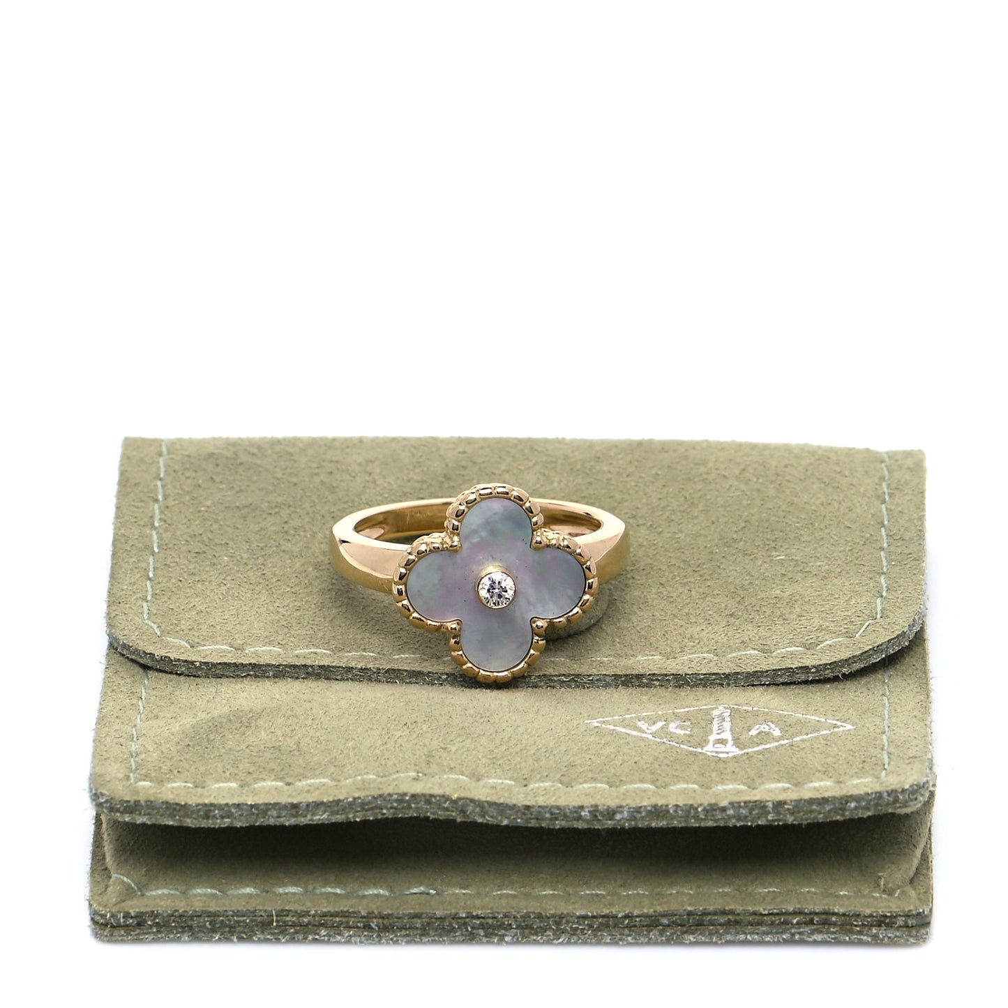 18K Yellow Gold Diamond Mother of Pearl Vintage Alhambra Ring 55 7.25