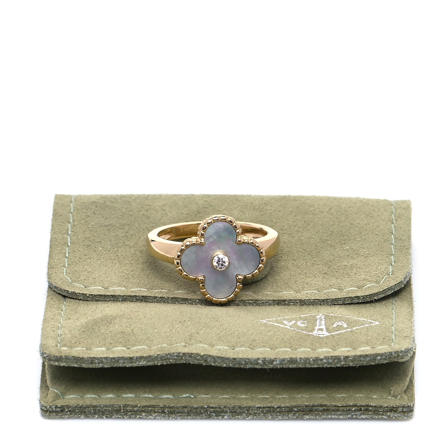 Van Cleef & Arpels 18K Yellow Gold Diamond Mother of Pearl Vintage Alhambra Ring 55 7.25 5 of 6