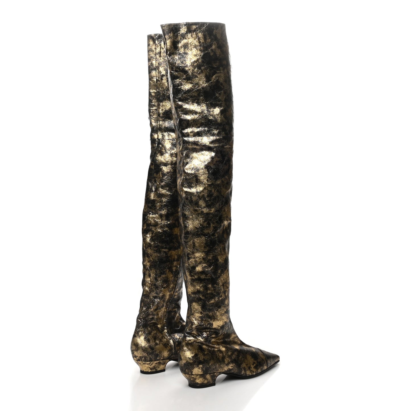 Metallic Lambskin Over the Knee Boots 38 Gold Black