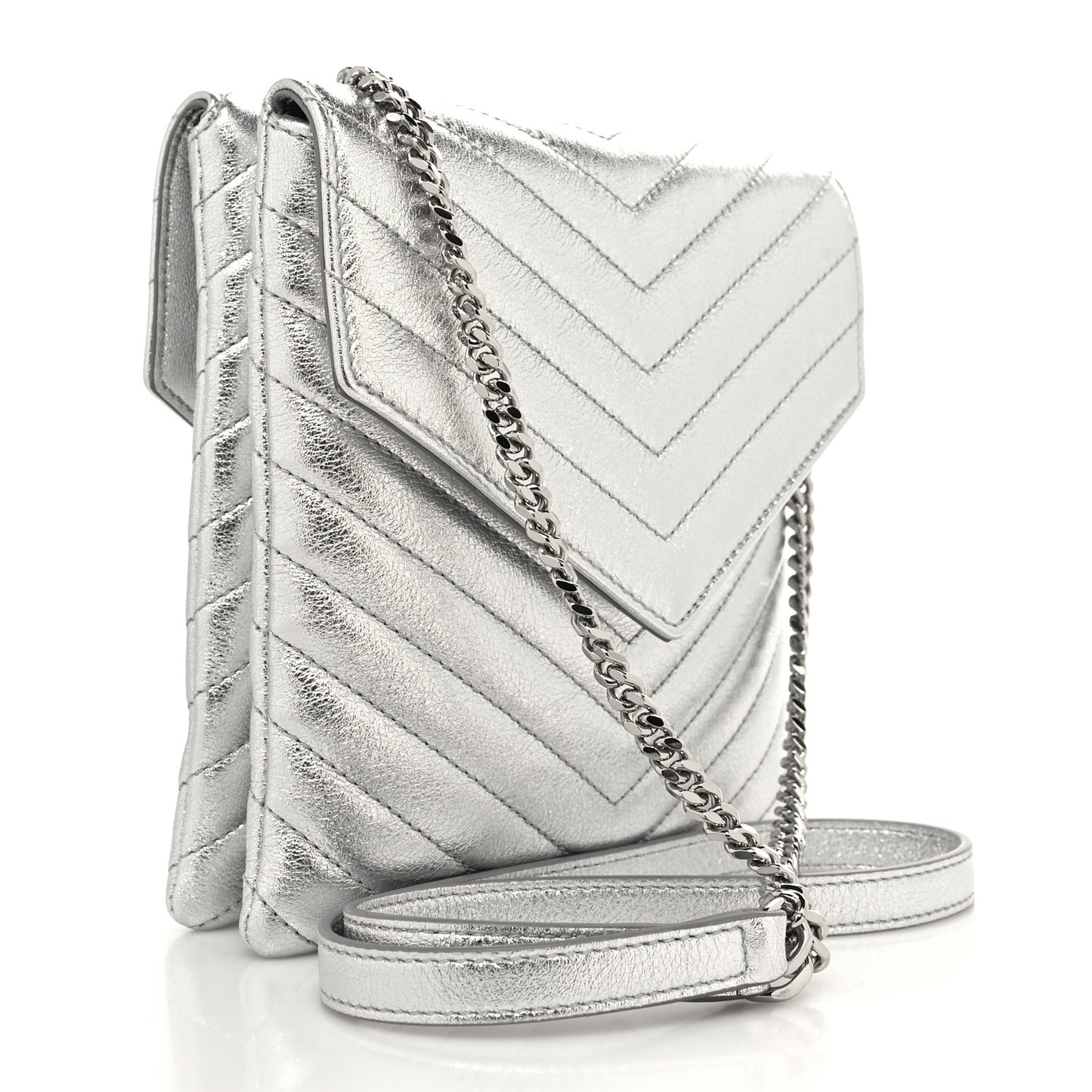 Metallic Lambskin Quilted Double Flap Bag Silver