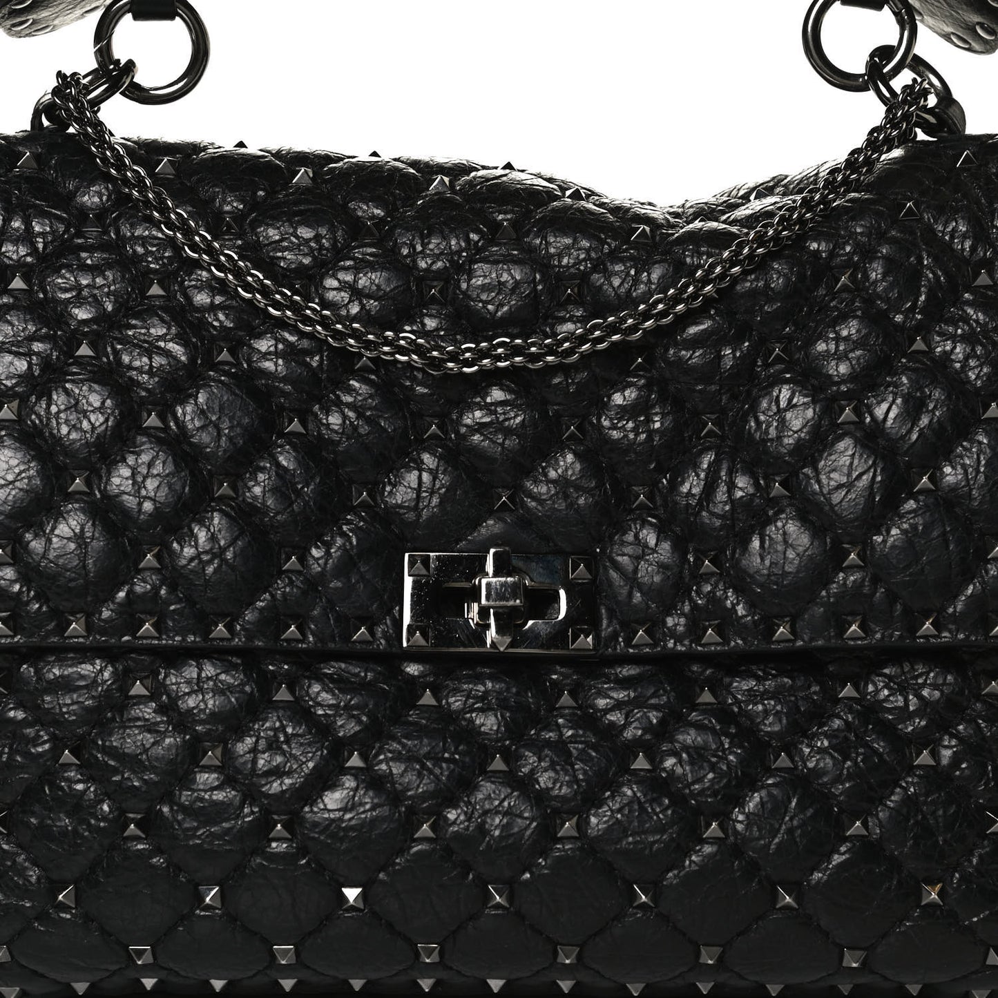 Craquele Nappa Large Rockstud Spike Shoulder Bag Black