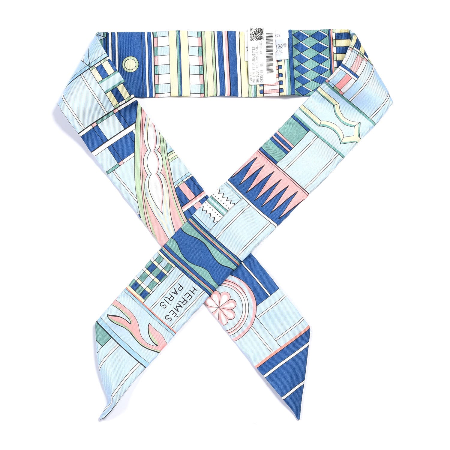 Hermes Silk Voltes Et Pirouettes Twilly Bleu Ciel Vert Jaune 1 of 4